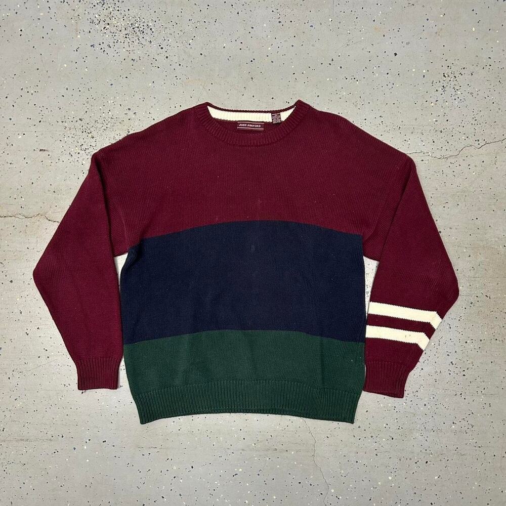 VTG Burgundy and green colorblock sweater with white stripes on the sleeves
